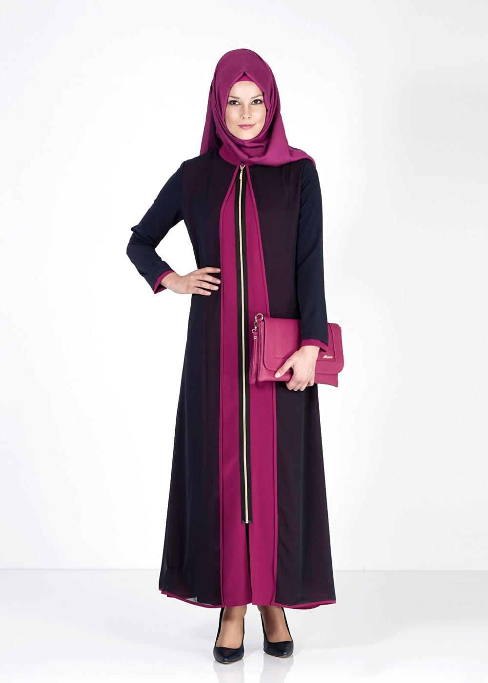 Tesettür giyim LACİVERT T 8001 Öztaşgın Çift Renk Kombinli Ferace