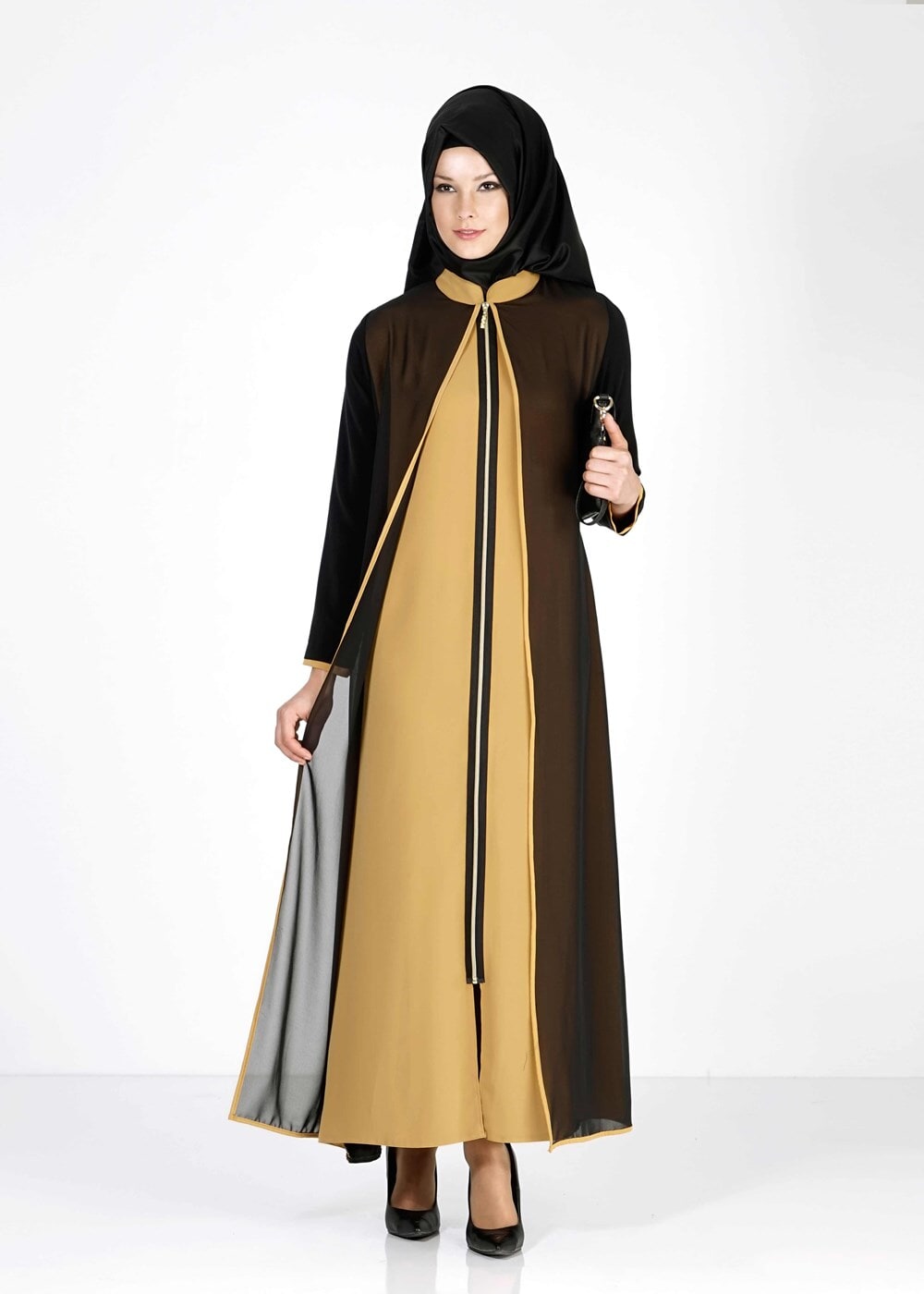 Tesettür giyim SİYAH T 8001 Öztaşgın Çift Renk Kombinli Ferace