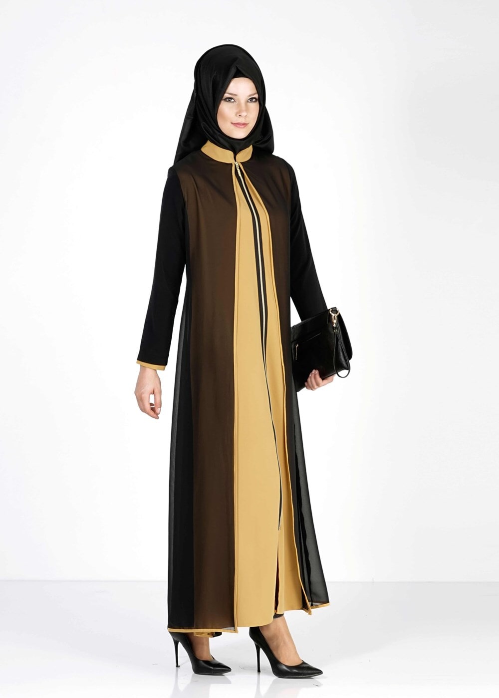 Tesettür giyim SİYAH T 8001 Öztaşgın Çift Renk Kombinli Ferace