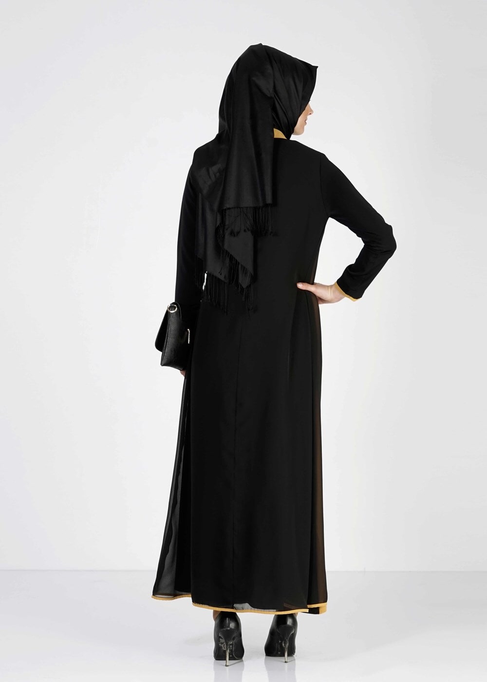 Tesettür giyim SİYAH T 8001 Öztaşgın Çift Renk Kombinli Ferace