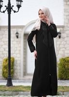 Tesettür giyim SİYAH T 15555 Öztaşgın Taş İşlemeli Hakim Yaka Ferace