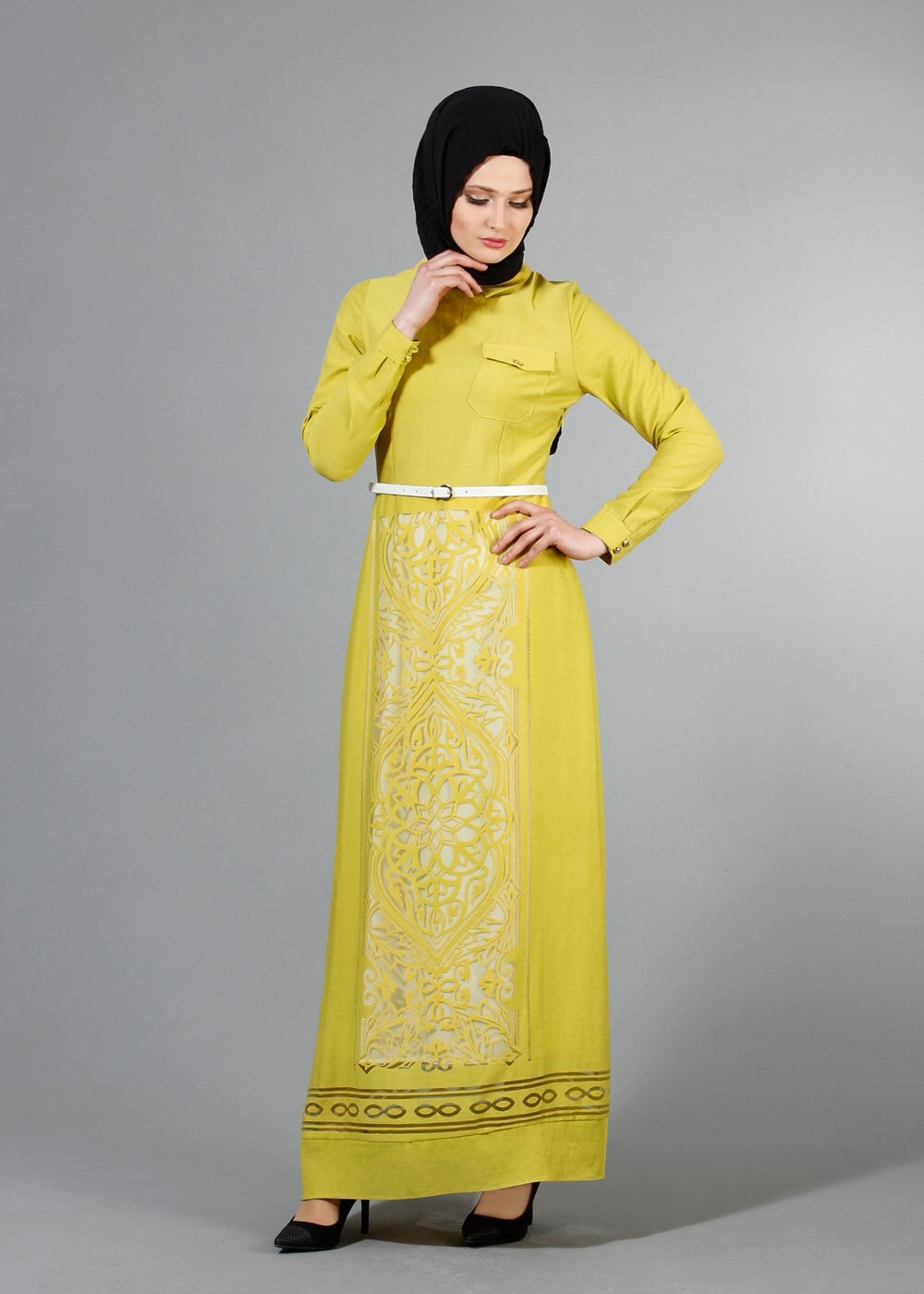 Vêtements hijab VERT T 4695 Puane Lazer Kesim Elbise