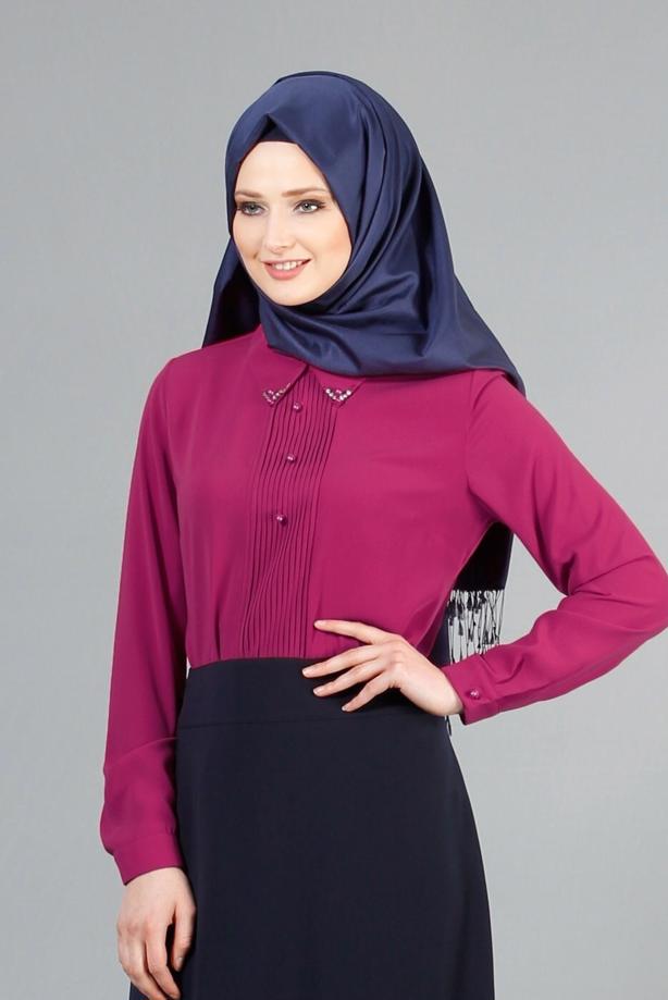 Tesettür giyim FUŞYA İNCİ DETAYLI BLUZ 8725  - TRENDTESETTÜR