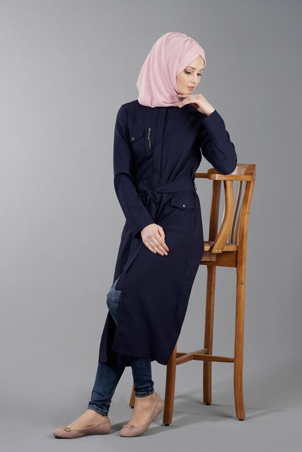 Vêtements hijab  T 8736 Puane Gizli Düğmeli Cepli Tunik - TRENDTESETTÜR