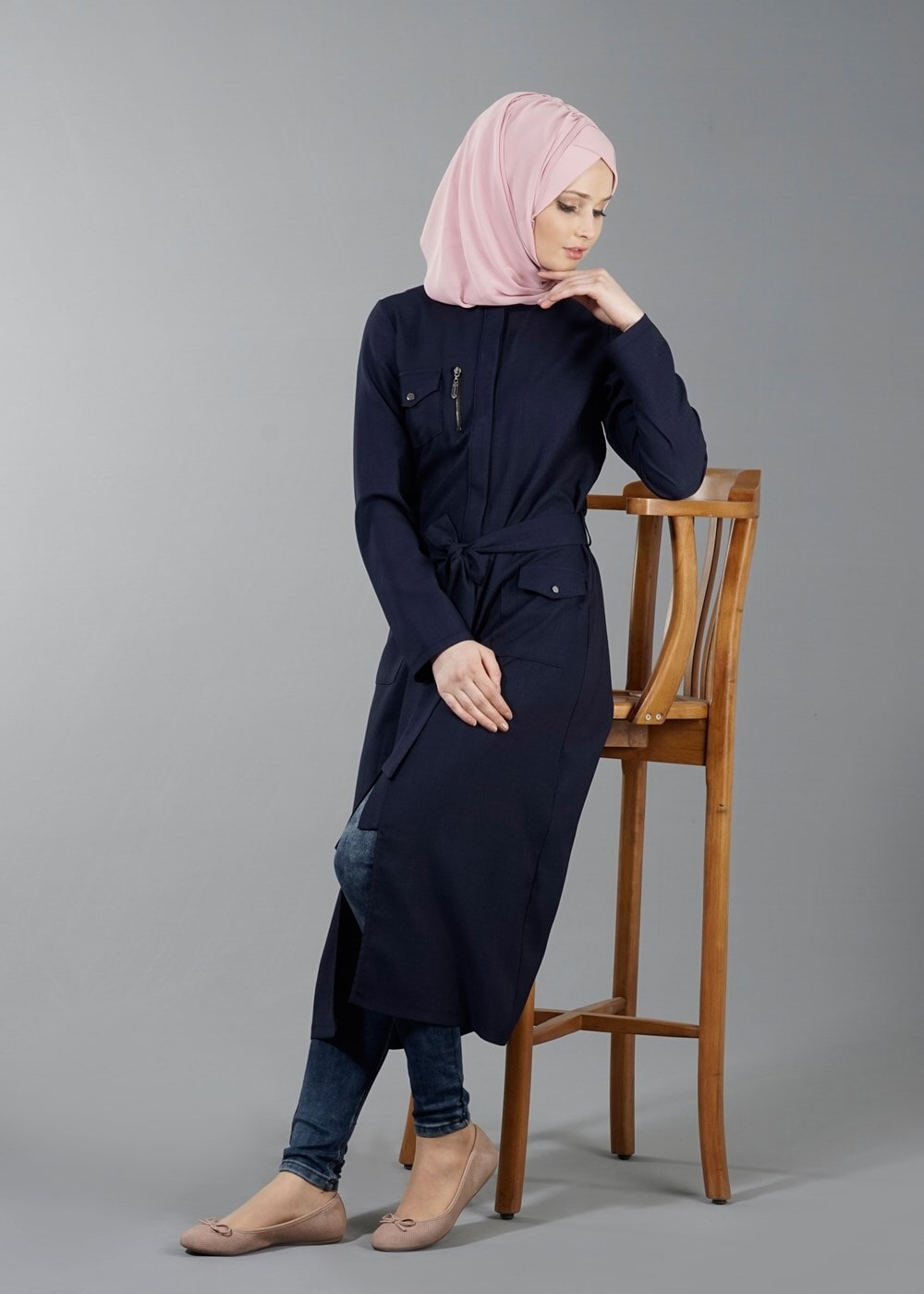 Vêtements hijab BLEU MARINE T 8736 Puane Gizli Düğmeli Cepli Tunik