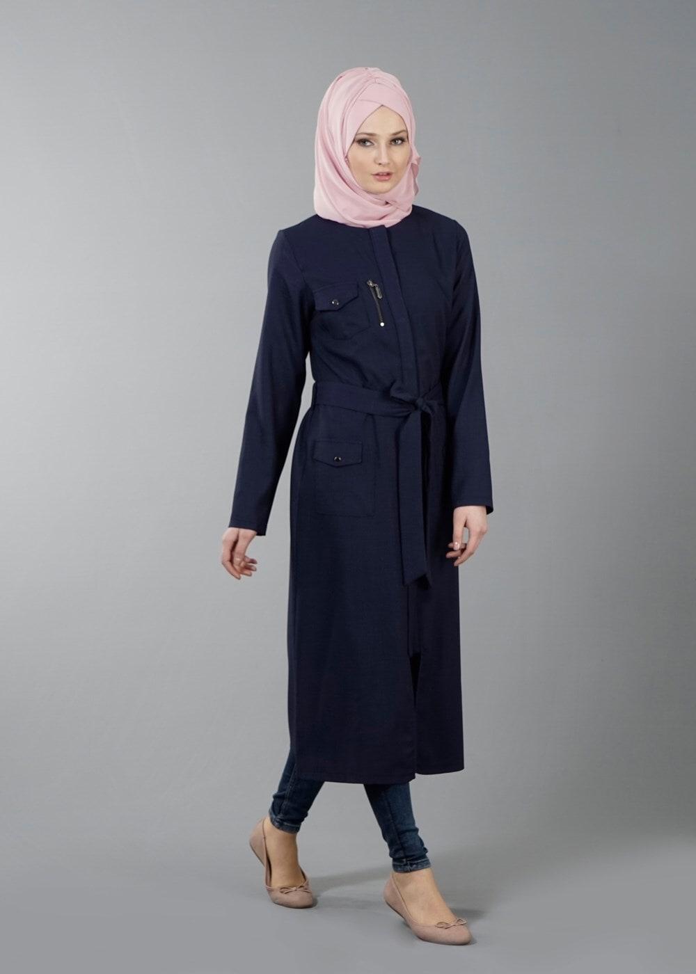 Vêtements hijab BLEU MARINE T 8736 Puane Gizli Düğmeli Cepli Tunik