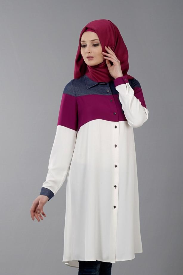 Vêtements hijab  T 8737 Puane  Erkek Yaka Düğmeli Tunik - TRENDTESETTÜR