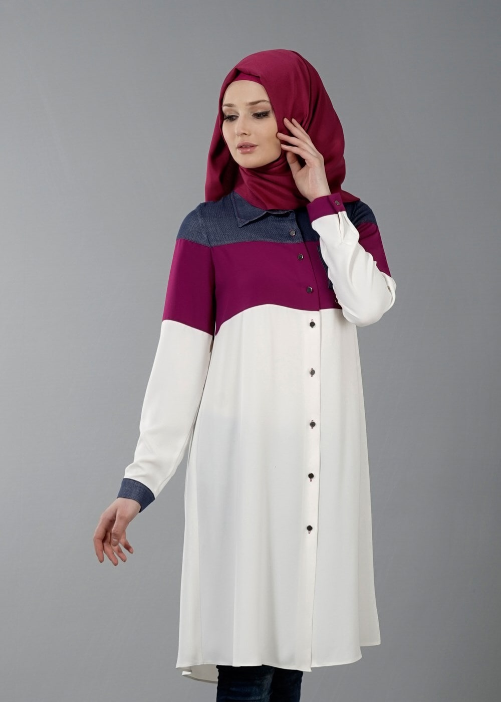 Vêtements hijab FUCHSIA T 8737 Puane  Erkek Yaka Düğmeli Tunik