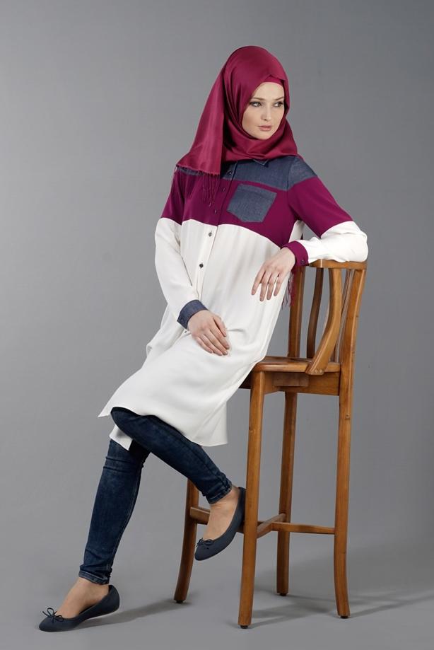 Vêtements hijab  T 8737 Puane  Erkek Yaka Düğmeli Tunik - TRENDTESETTÜR