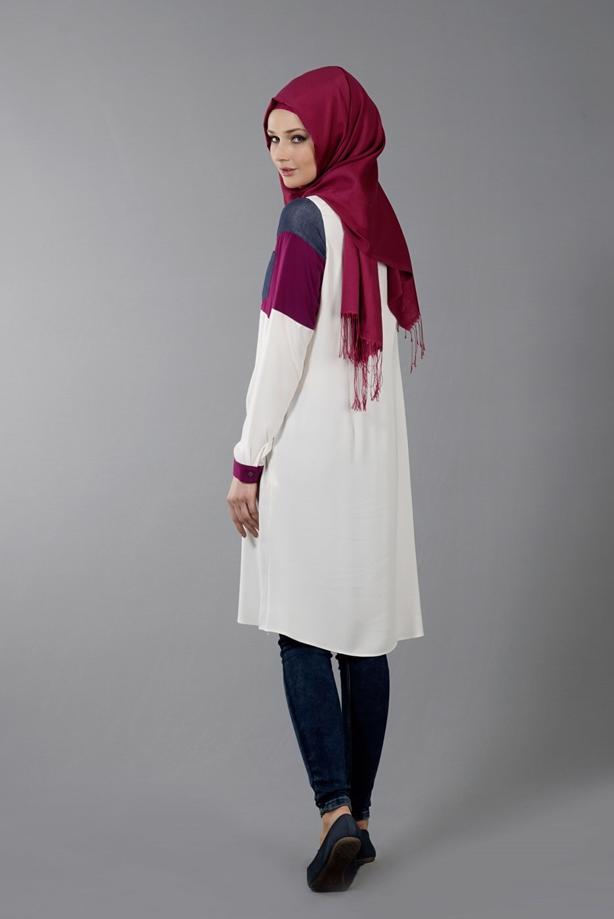Vêtements hijab  T 8737 Puane  Erkek Yaka Düğmeli Tunik - TRENDTESETTÜR