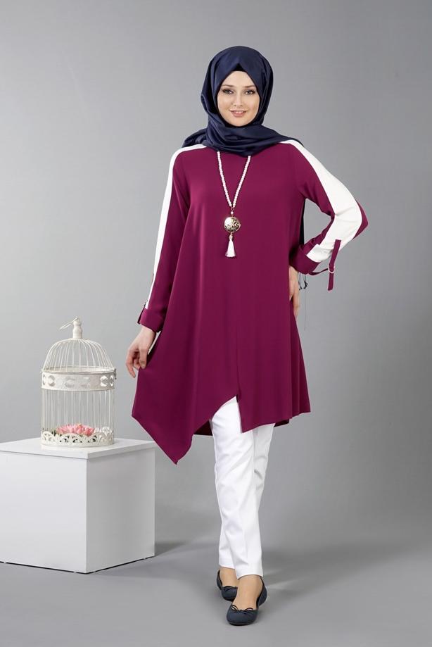 Vêtements hijab  T 8762 Puane Asimetrik Kesim Kolyeli Tunik - TRENDTESETTÜR
