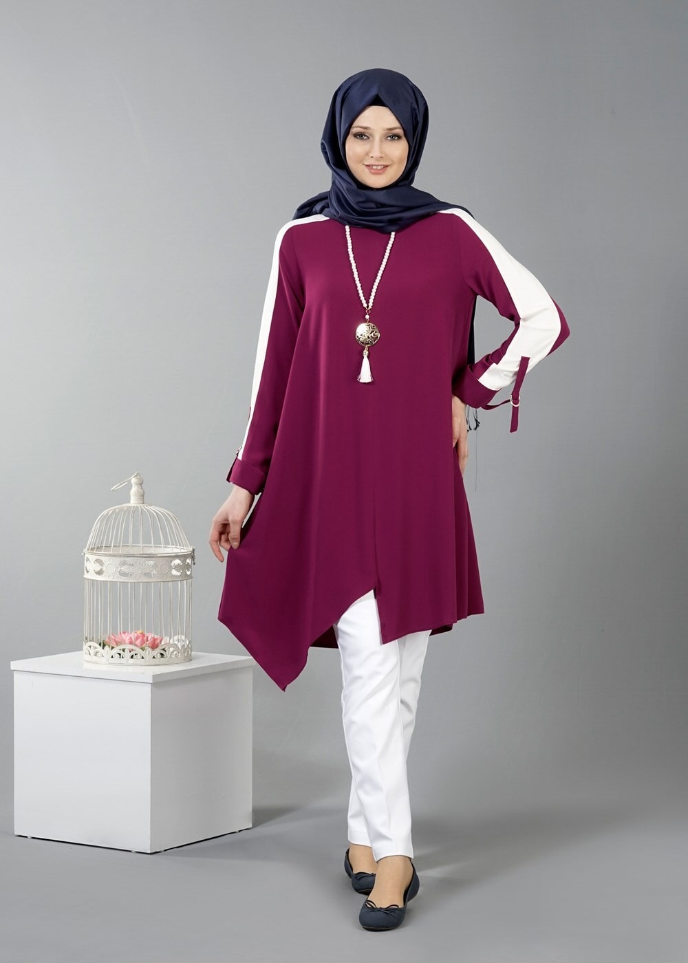 Vêtements hijab FUCHSIA T 8762 Puane Asimetrik Kesim Kolyeli Tunik