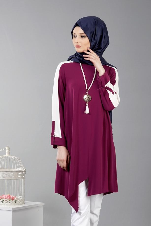 Vêtements hijab  T 8762 Puane Asimetrik Kesim Kolyeli Tunik - TRENDTESETTÜR