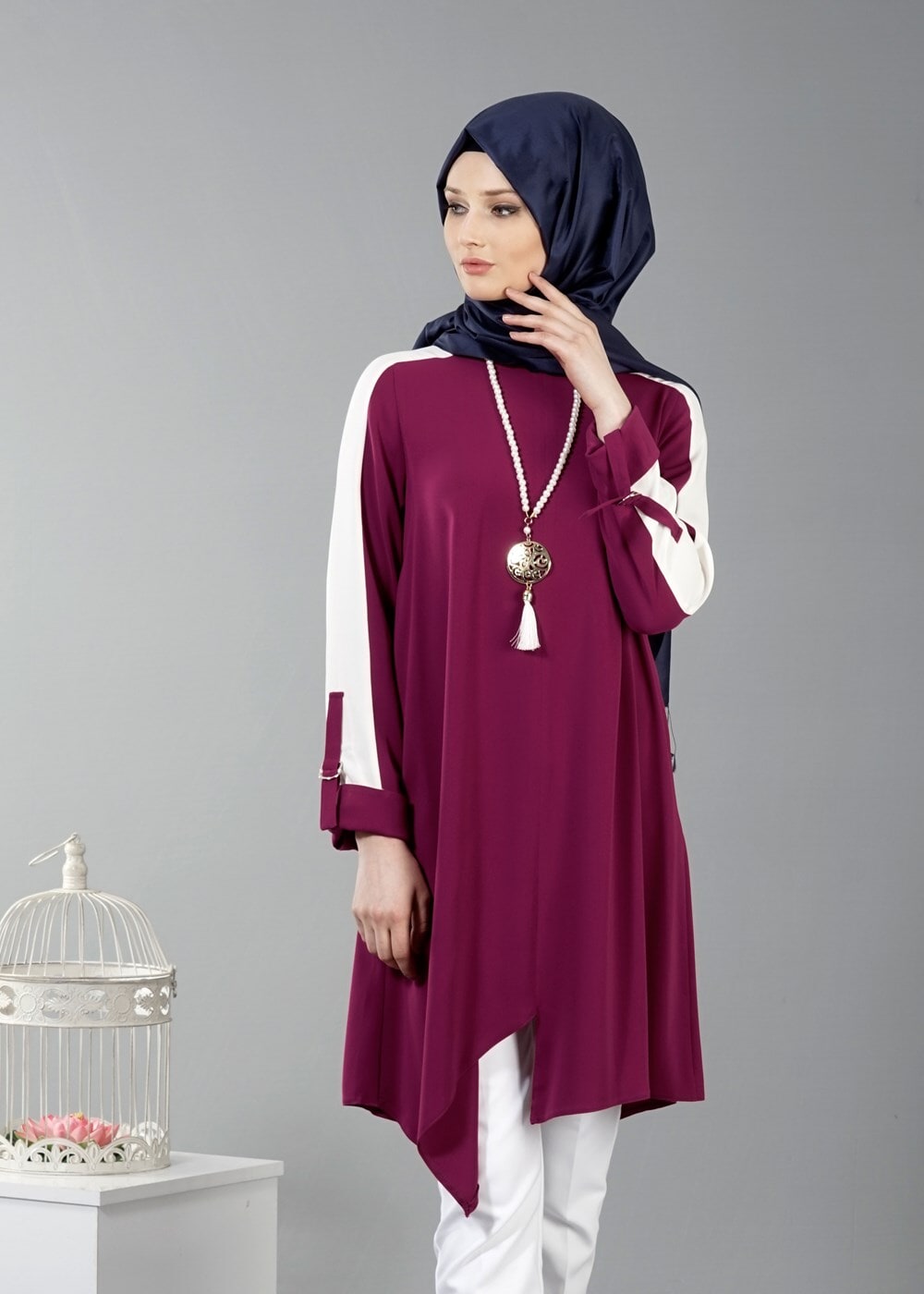 Vêtements hijab FUCHSIA T 8762 Puane Asimetrik Kesim Kolyeli Tunik