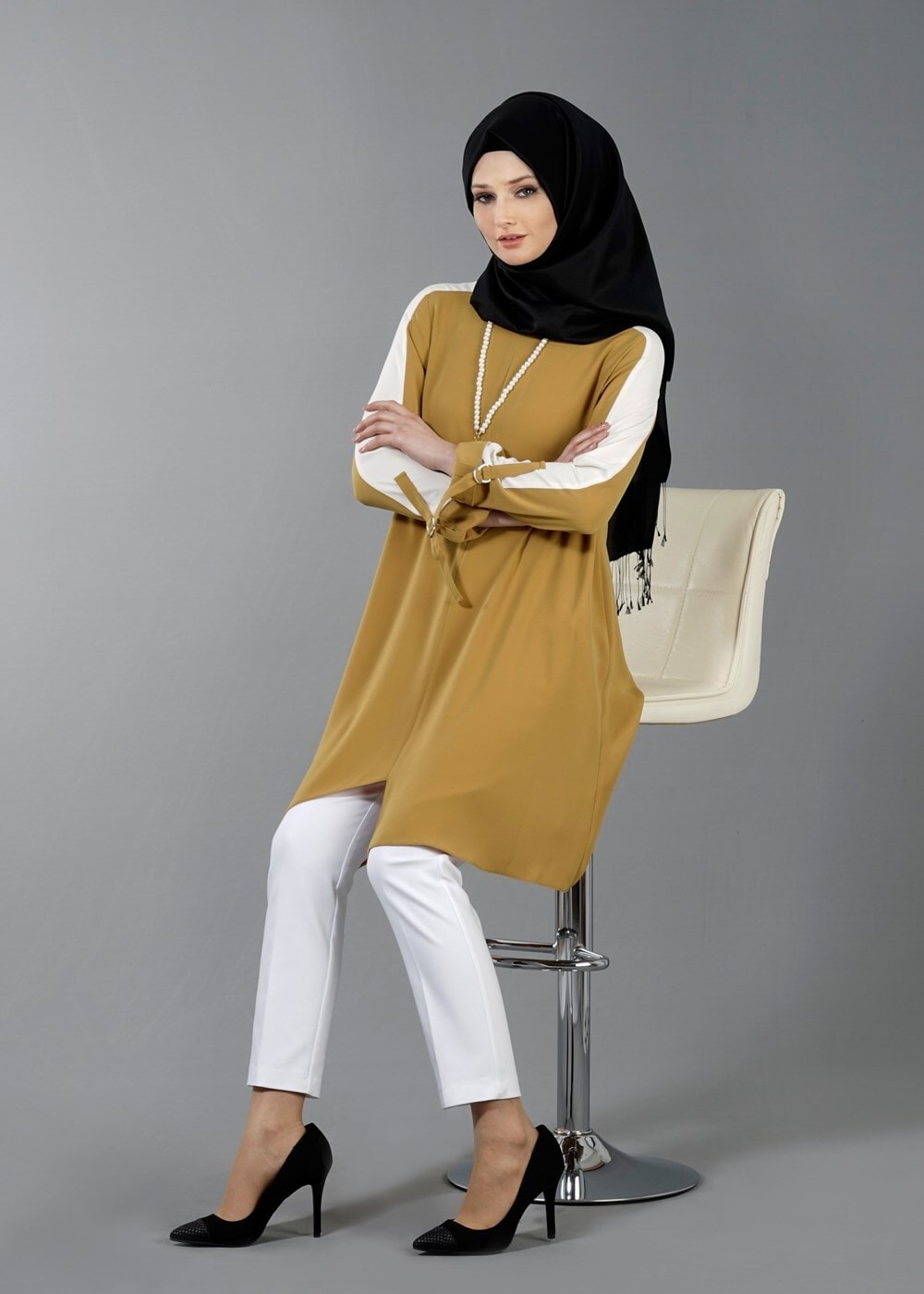 Vêtements hijab JAUNE T 8762 Puane Asimetrik Kesim Kolyeli Tunik