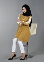 Vêtements hijab JAUNE T 8762 Puane Asimetrik Kesim Kolyeli Tunik