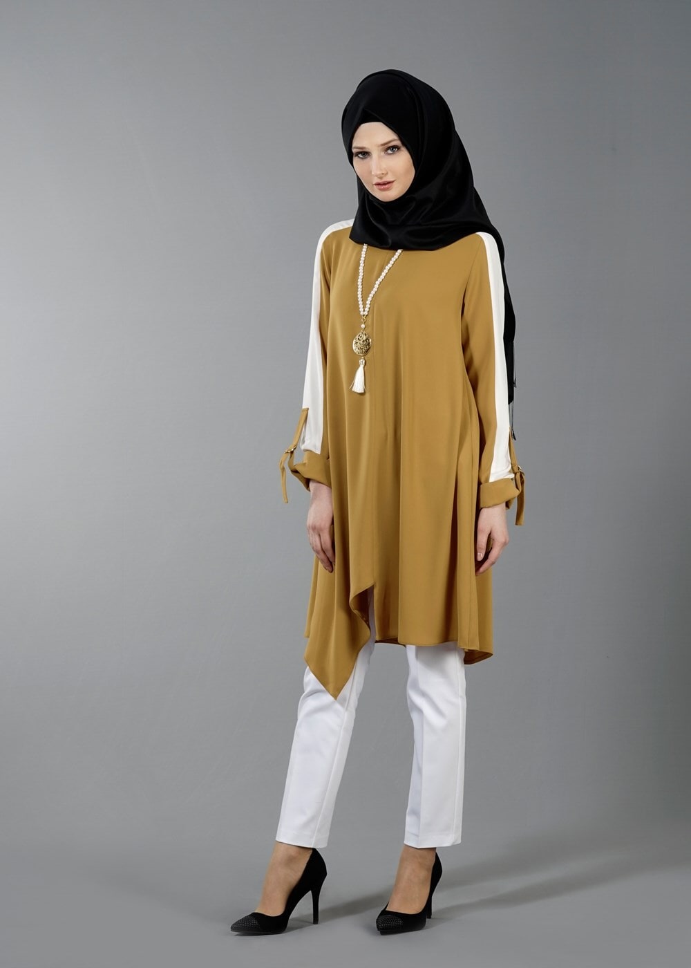 Vêtements hijab JAUNE T 8762 Puane Asimetrik Kesim Kolyeli Tunik