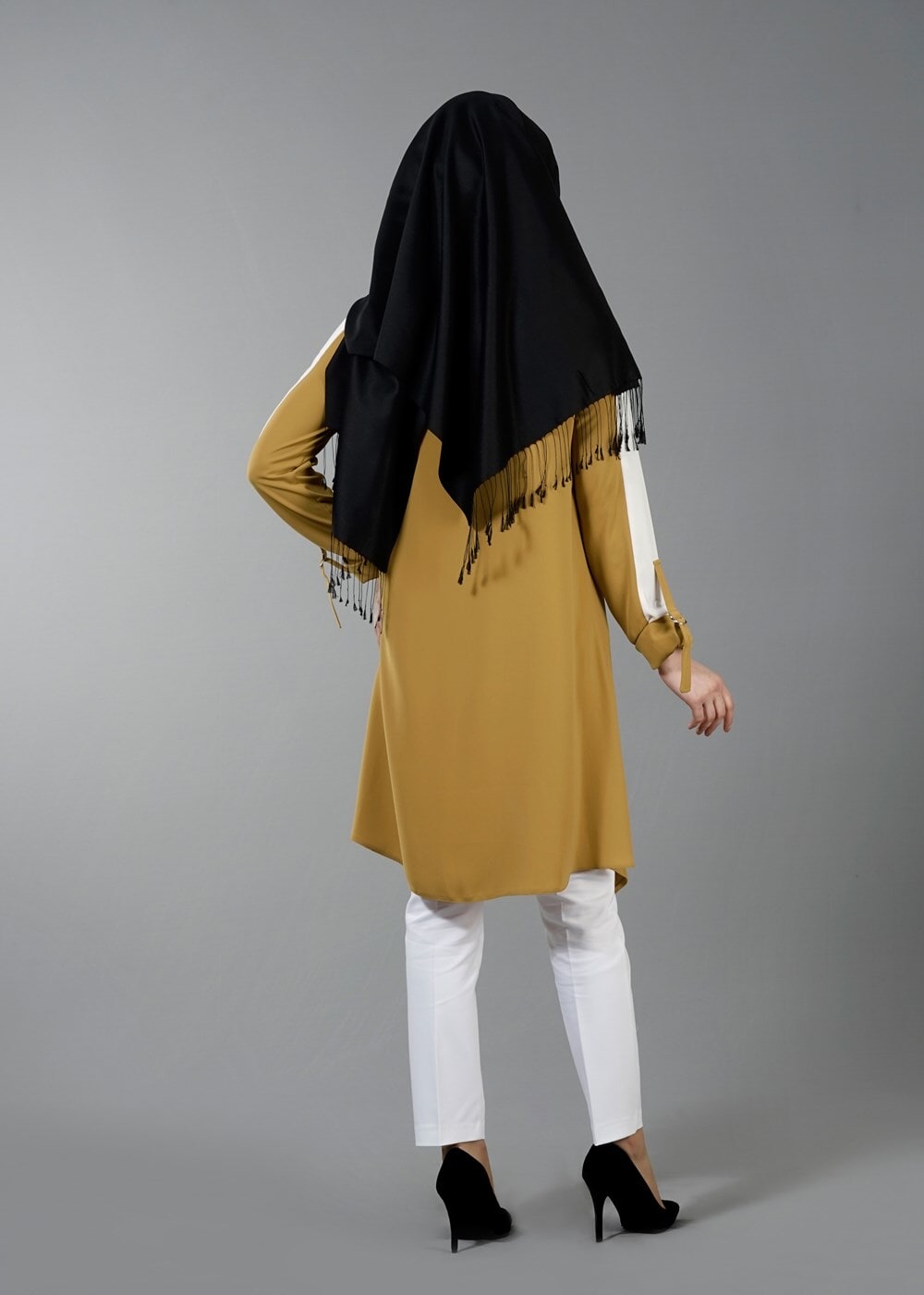 Vêtements hijab JAUNE T 8762 Puane Asimetrik Kesim Kolyeli Tunik