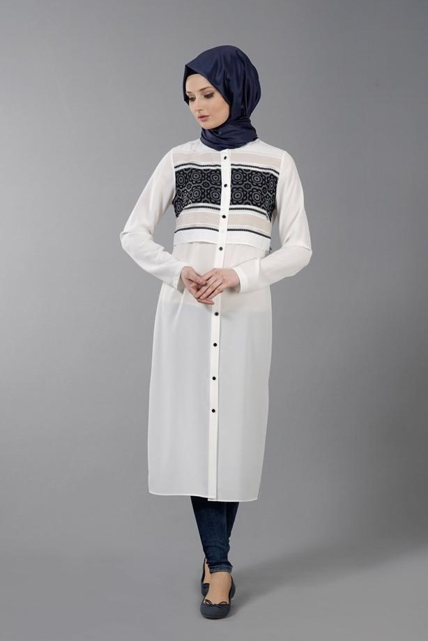Vêtements hijab  T 8773 Puane  Kabartma Desen Düğmeli Tunik - TRENDTESETTÜR