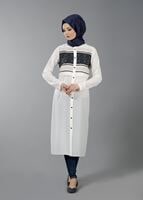 Hijab clothing BLACK T 8773 Puane  Kabartma Desen Düğmeli Tunik