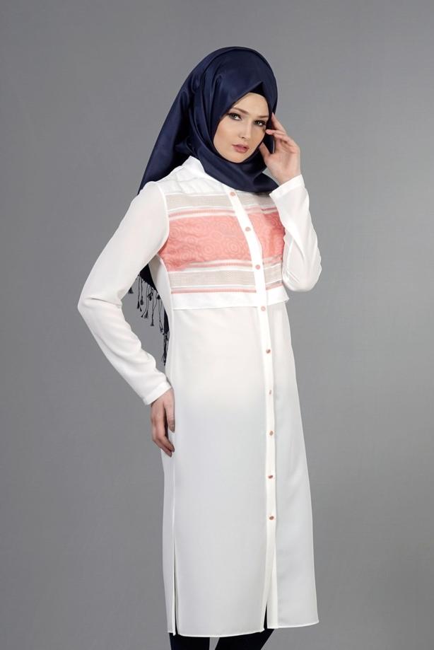 Vêtements hijab  T 8773 Puane  Kabartma Desen Düğmeli Tunik - TRENDTESETTÜR