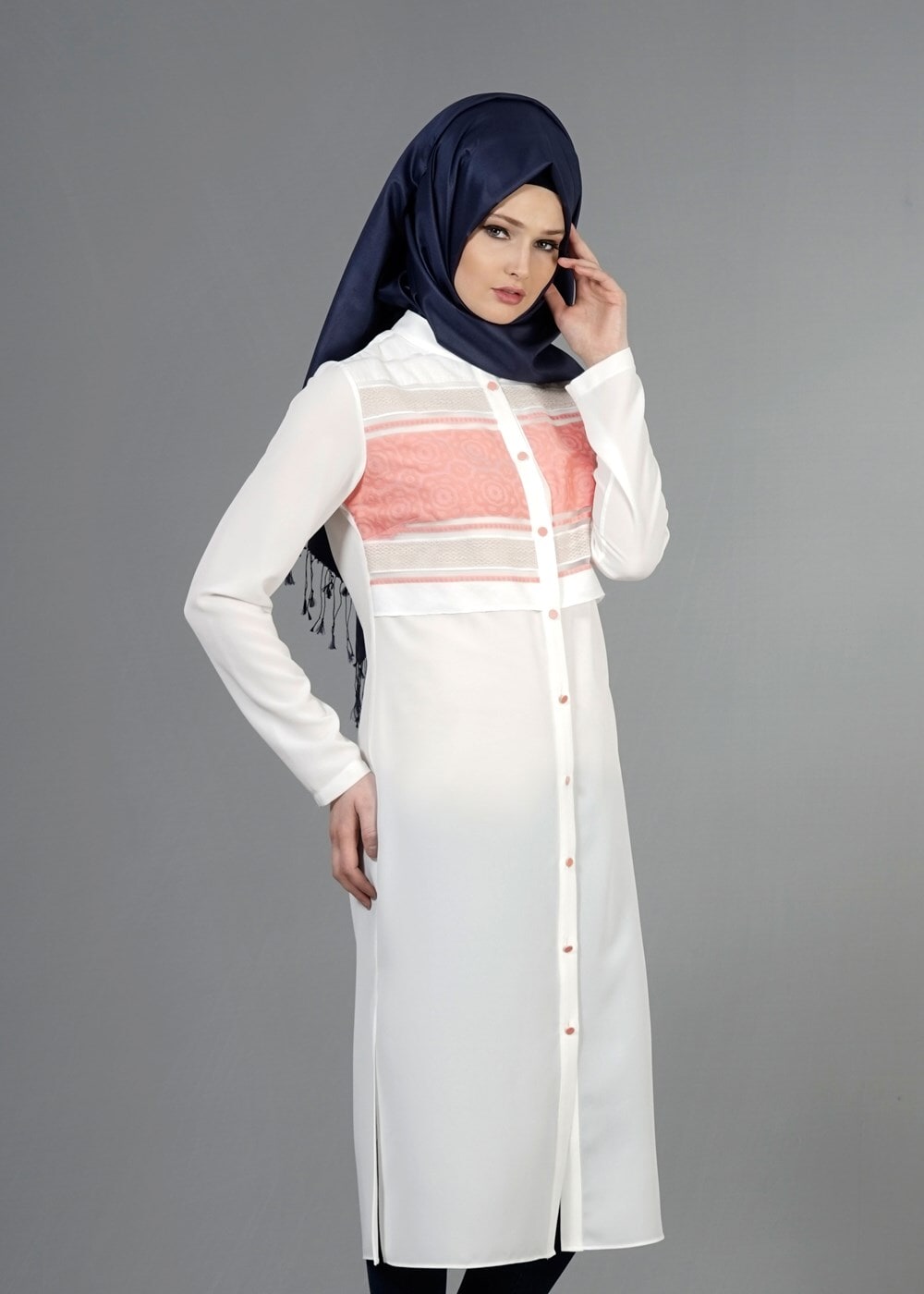 Vêtements hijab POUDRE T 8773 Puane  Kabartma Desen Düğmeli Tunik