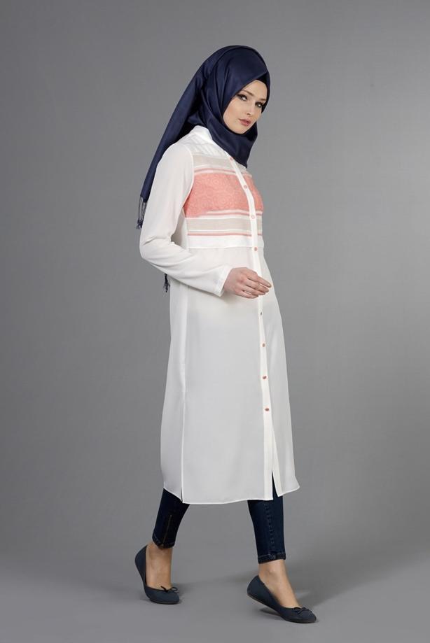Vêtements hijab  T 8773 Puane  Kabartma Desen Düğmeli Tunik - TRENDTESETTÜR