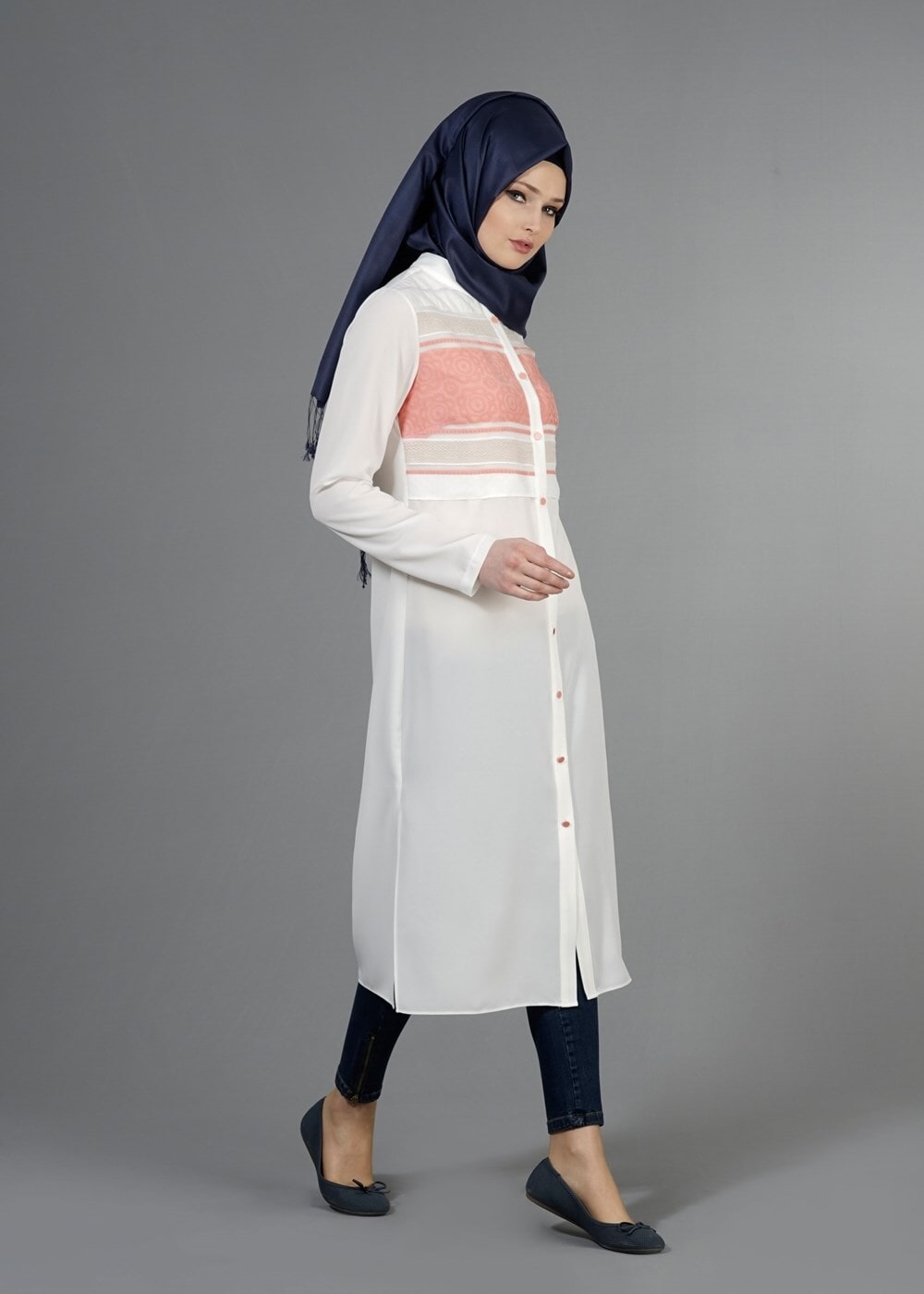Vêtements hijab POUDRE T 8773 Puane  Kabartma Desen Düğmeli Tunik