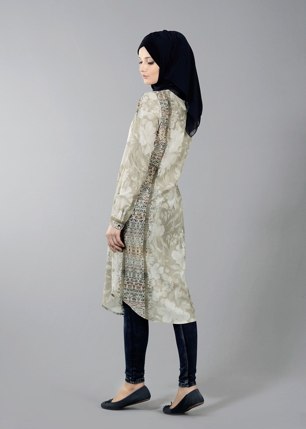 Tesettür giyim YEŞİL T 8778 Puane  Dijital Baskılı Tunik