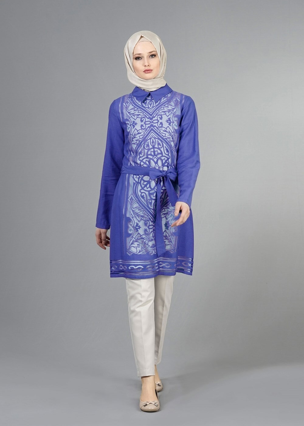 Vêtements hijab BLEU MARINE T 8788 Puane  Lazer Desen Astarlı Tunik