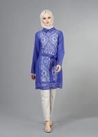 Vêtements hijab BLEU MARINE T 8788 Puane  Lazer Desen Astarlı Tunik