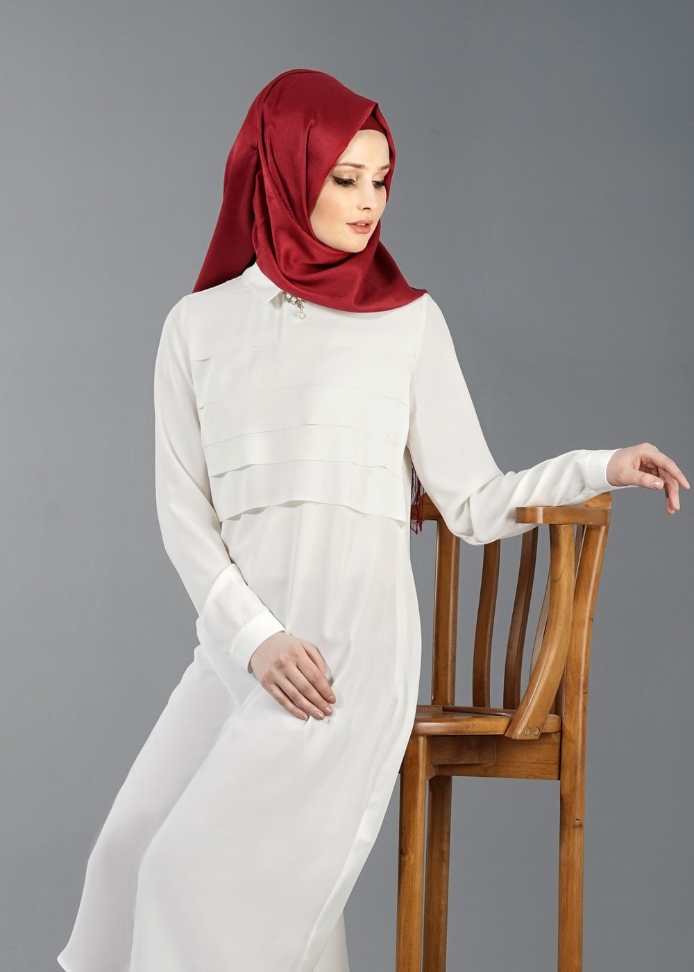 Vêtements hijab ÉCRU T 8797 Puane Erkek Yaka Broşlu Tunik
