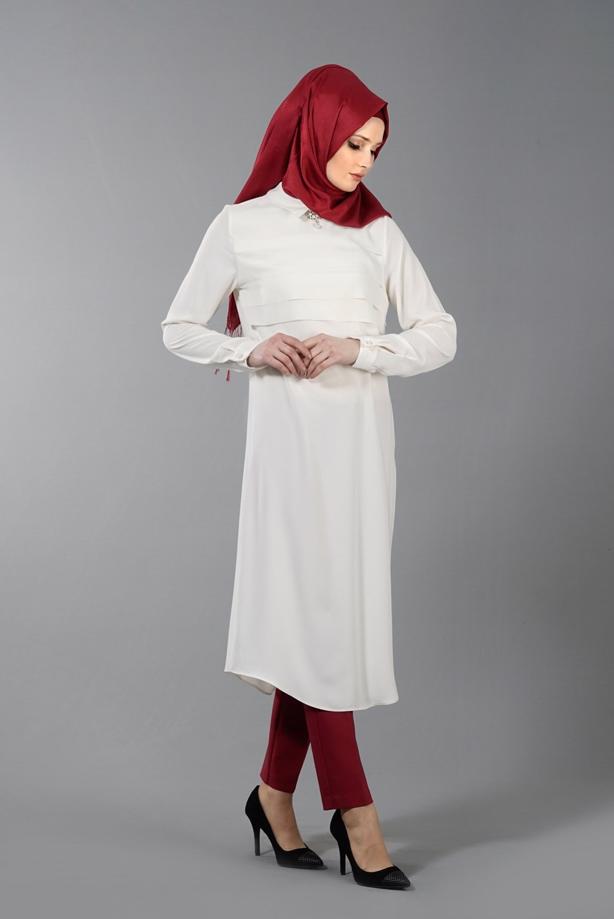Vêtements hijab  T 8797 Puane Erkek Yaka Broşlu Tunik - TRENDTESETTÜR