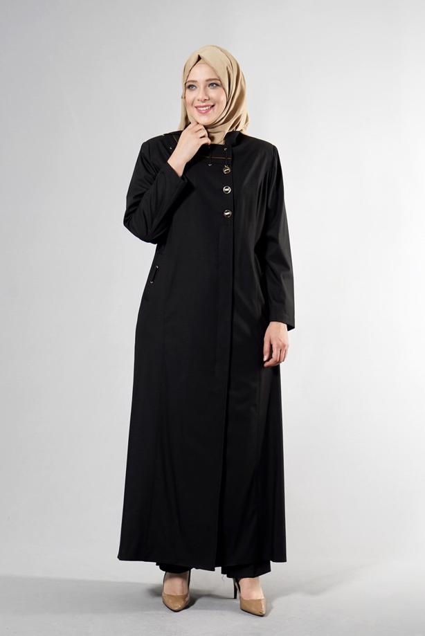 Vêtements hijab NOIR T 1514-1 Ekose Tesettür Pardesü-Alv Fashion - TRENDTESETTÜR