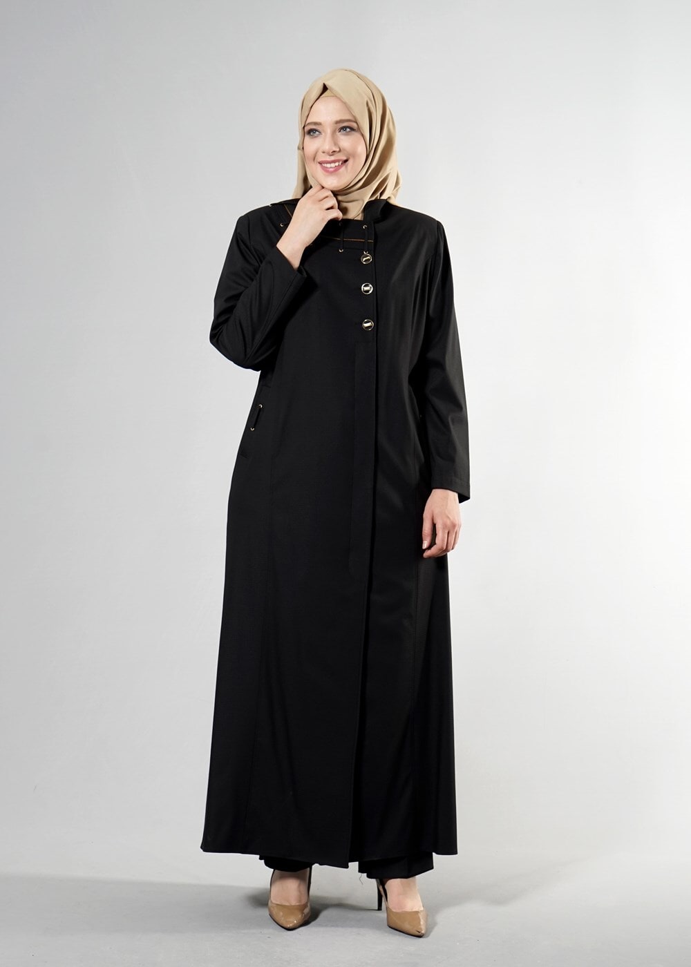 Hijab clothing BLACK T 1514-1 Ekose Tesettür Pardesü-Alv Fashion