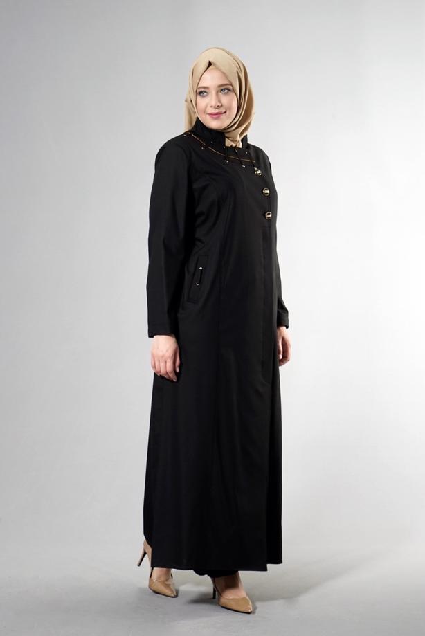 Vêtements hijab NOIR T 1514-1 Ekose Tesettür Pardesü-Alv Fashion - TRENDTESETTÜR