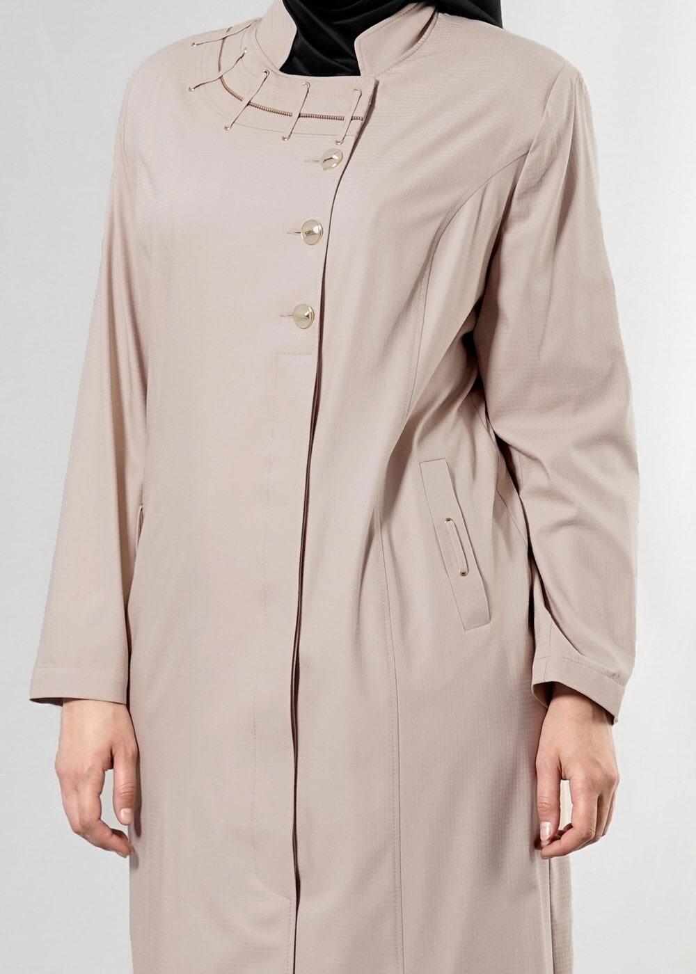 Tesettür giyim BEJ T 1514-1 Ekose Tesettür Pardesü-Alv Fashion
