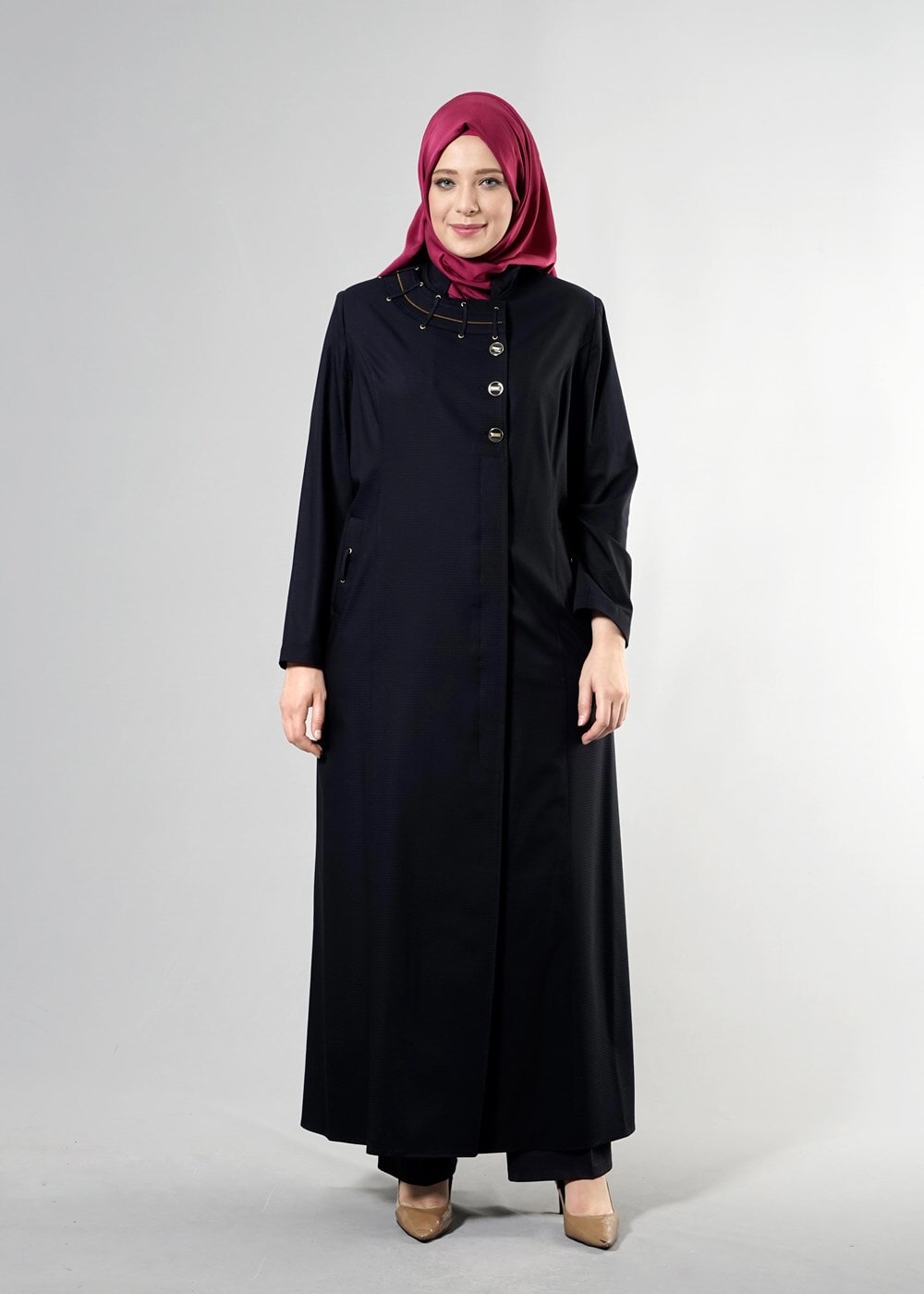 Vêtements hijab BLEU MARINE T 1514-1 Ekose Tesettür Pardesü-Alv Fashion
