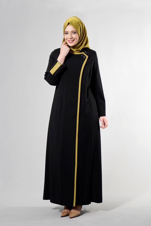 Vêtements hijab NOIR T 1585 Ekose Tesettür Pardesü-Alv Fashion - TRENDTESETTÜR