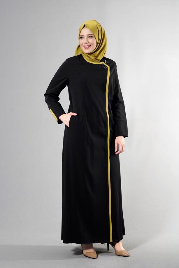 Vêtements hijab NOIR T 1585 Ekose Tesettür Pardesü-Alv Fashion - TRENDTESETTÜR
