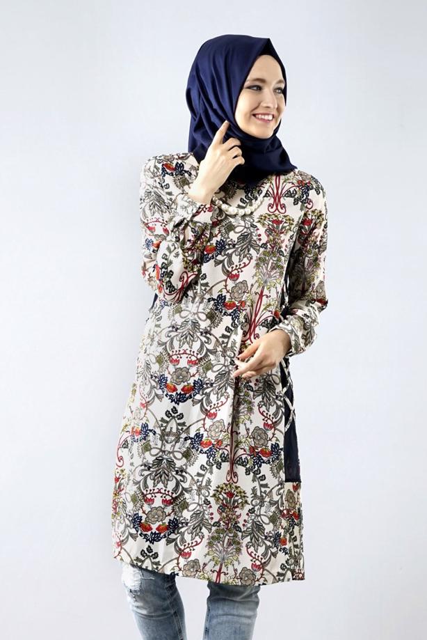Vêtements hijab  T 6142 Porto Çiçek Desen Kolyeli Tunik - TRENDTESETTÜR
