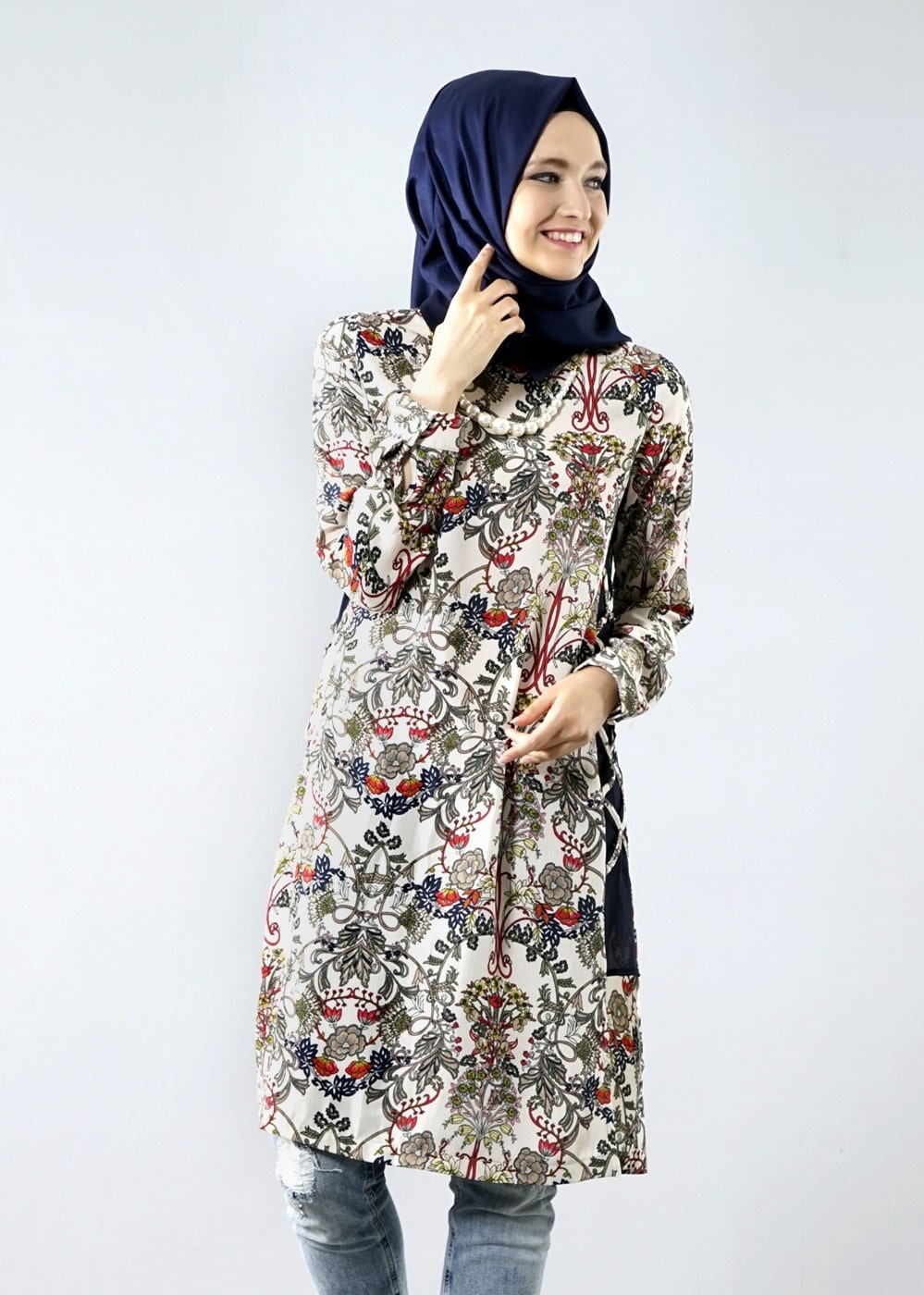 Vêtements hijab ROUGE BORDEAUX T 6142 Porto Çiçek Desen Kolyeli Tunik