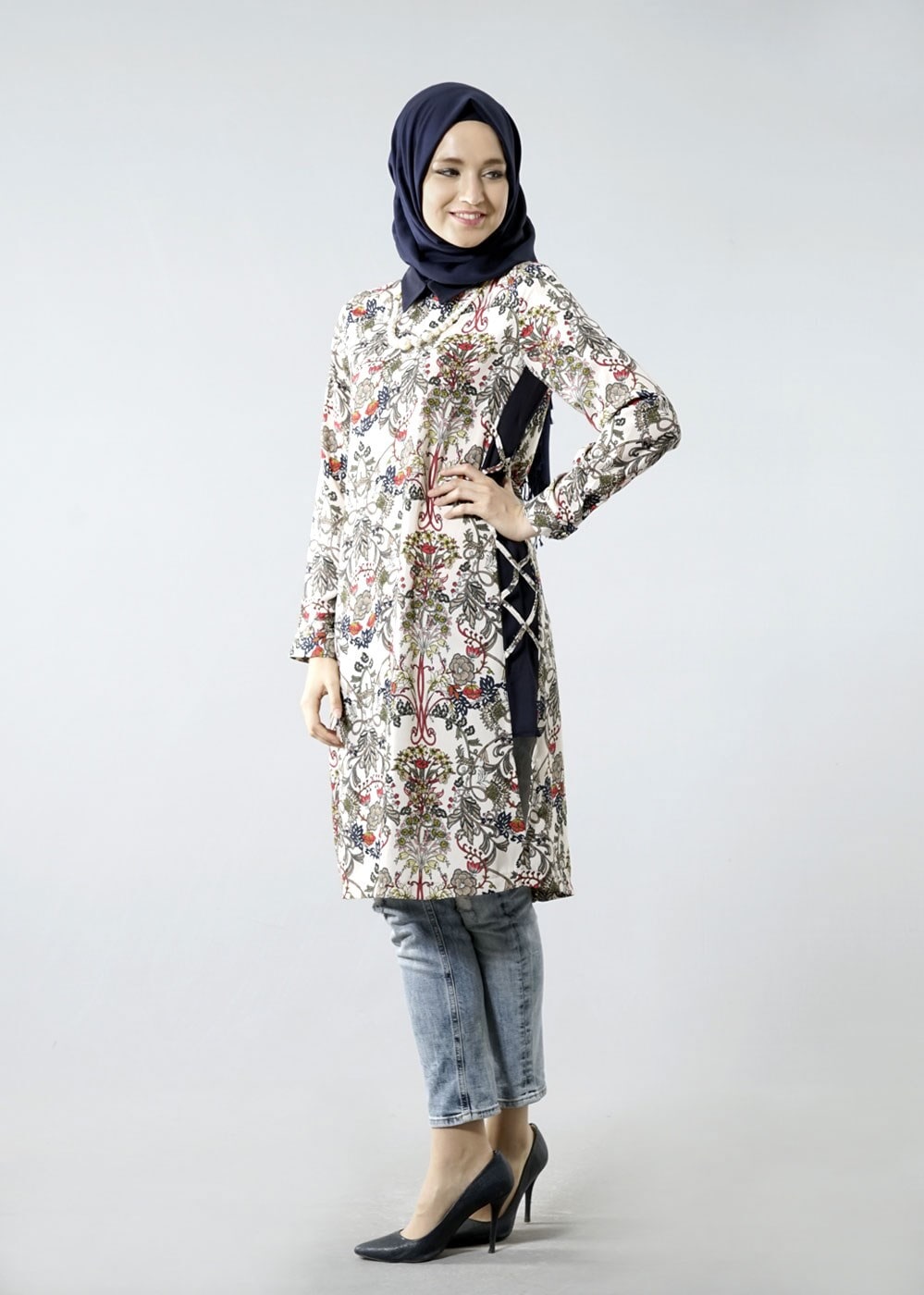 Vêtements hijab ROUGE BORDEAUX T 6142 Porto Çiçek Desen Kolyeli Tunik