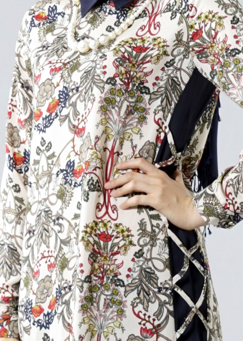 Vêtements hijab ROUGE BORDEAUX T 6142 Porto Çiçek Desen Kolyeli Tunik