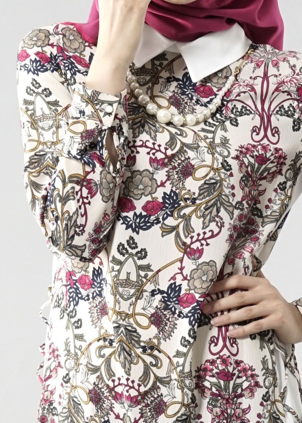 Vêtements hijab FUCHSIA T 6142 Porto Çiçek Desen Kolyeli Tunik