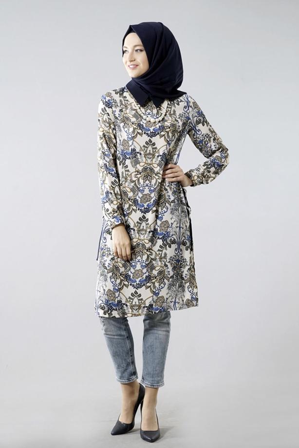 Vêtements hijab  T 6142 Porto Çiçek Desen Kolyeli Tunik - TRENDTESETTÜR