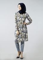 Vêtements hijab BLEU MARINE T 6142 Porto Çiçek Desen Kolyeli Tunik
