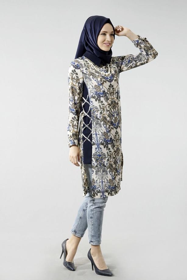 Vêtements hijab  T 6142 Porto Çiçek Desen Kolyeli Tunik - TRENDTESETTÜR