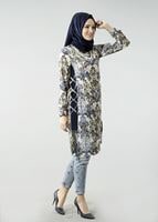 Vêtements hijab BLEU MARINE T 6142 Porto Çiçek Desen Kolyeli Tunik