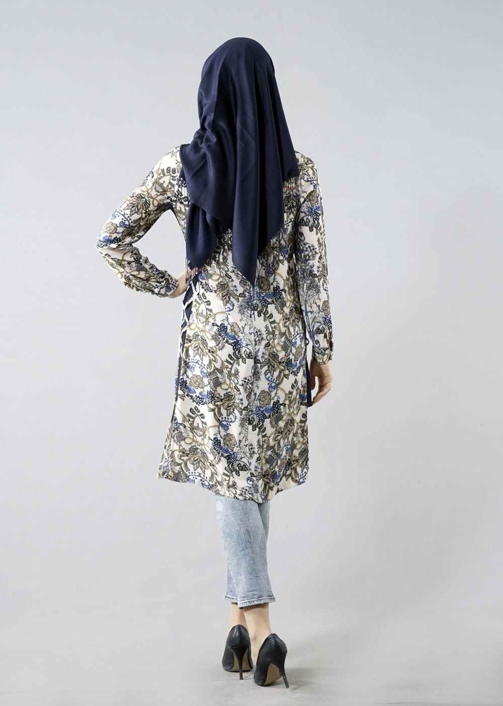 Vêtements hijab BLEU MARINE T 6142 Porto Çiçek Desen Kolyeli Tunik